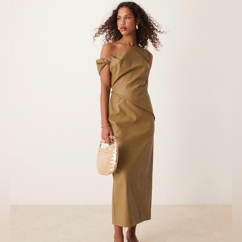 ASOS DESIGN Fallen Shoulder Faux Leather Midi Dress Pleat Waist - Olive - Size 6